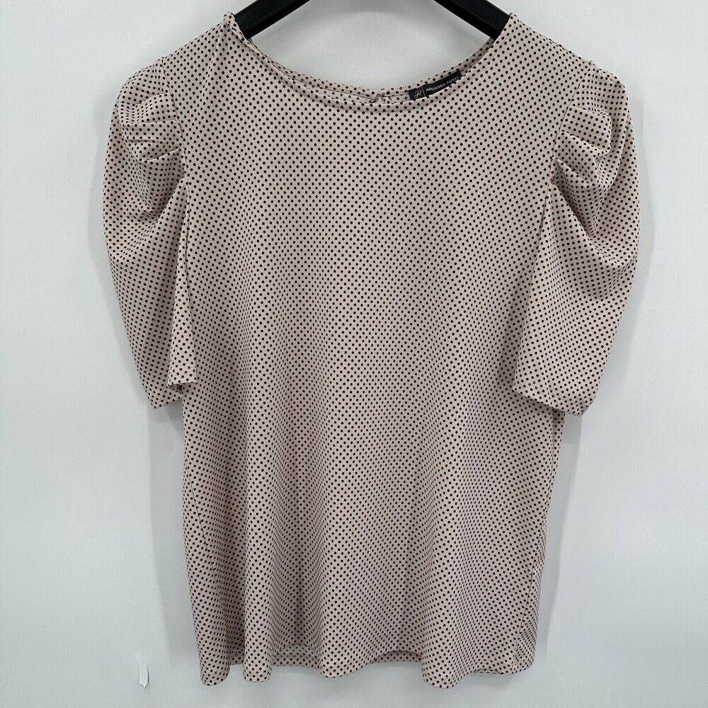 Adrianna Papell Blouse Medium Pleat Short Sleeve Jersey Knit Pink Polka Dot NEW
